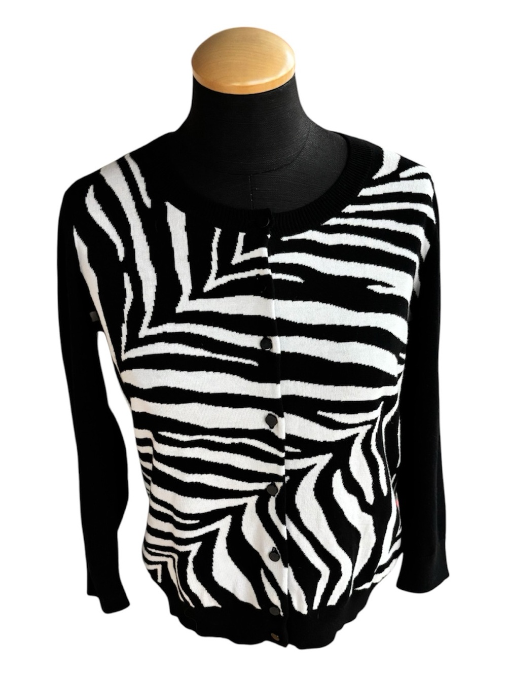 Talbots Zebra Print Cardigan Sweater Cotton Blend Black Button Front Small Petit